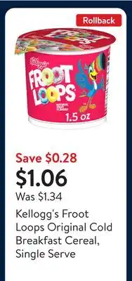 Walmart Kellogg's Froot Loops Original Cold Breakfast Cereal, Single Serve offer