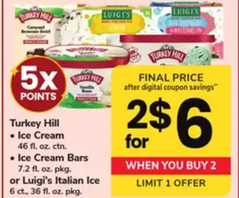 ACME Turkey Hill Ice Cream 46 fl. oz. ctn., Ice Cream Bars 7.2 fl. oz. pkg. or Luigi's Italian Ice 6 ct., 36 fl. oz. pkg offer