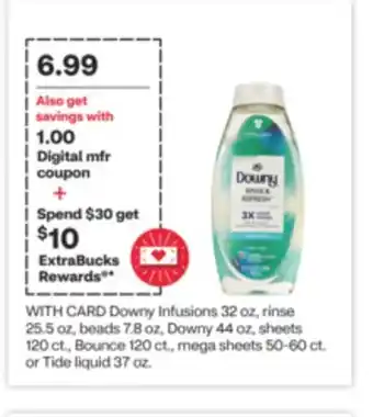 CVS Downy Infusions 32 oz, rinse 25.5 oz, beads 7.8 oz, Downy 44 oz, sheets 120 ct., Bounce 120 ct., mega sheets 50-60 ct. or Tid offer