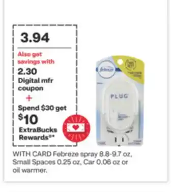 CVS Febreze spray 8.8-9.7 oz, Small Spaces 0.25 oz, Car 0.06 oz or oil warmer offer