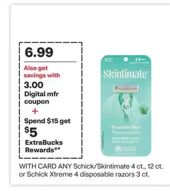 CVS ANY Schick/Skintimate 4 ct., 12 ct. or Schick Xtreme 4 disposable razors 3 ct offer
