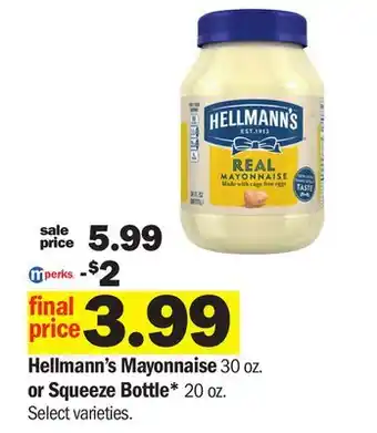 Meijer Hellmann's Mayonnaise 30 oz. or Squeeze Bottle* 20 oz offer