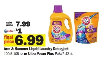 Meijer Arm & Hammer Liquid Laundry Detergent 100.5-105 oz. or Ultra Power Plus Paks* 42 ct offer