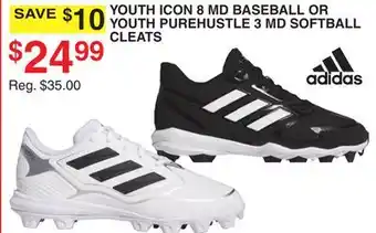 Dunham's Sports ADIDAS YOUTH ICON 8 MD BASEBALL OR YOUTH PUREHUSTLE 3 MD SOFTBALL CLEATS offer
