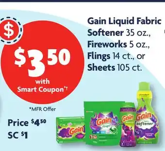 Family Dollar Gain Liquid Fabric Softener 35 oz., Fireworks 5 oz., Flings 14 ct., or Sheets 105 ct offer