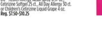 Dollar General DG health Allergy Nasal Spray , Cetirizine Softgel, All Day Allergy or Children's Cetirizine Liquid Grape offer