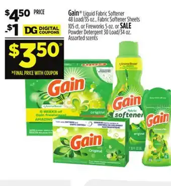 Dollar General Gain Liquid Fabric Softener, Fabric Softener Sheets or Fireworks or Powder Detergent offer