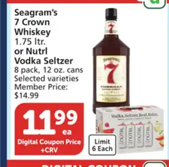 Albertsons Seagram's 7 Crown Whiskey 1.75 ltr. or Nutrl Vodka Seltzer 8 pack, 12 oz. cans offer