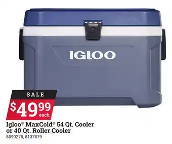 Ace Hardware Igloo MaxCold 54 Qt. Cooler or 40 Qt. Roller Cooler offer