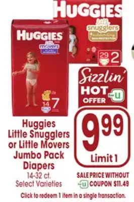 Jewel-Osco Huggies Little Snugglers or Little Movers Jumbo Pack Diapers offer