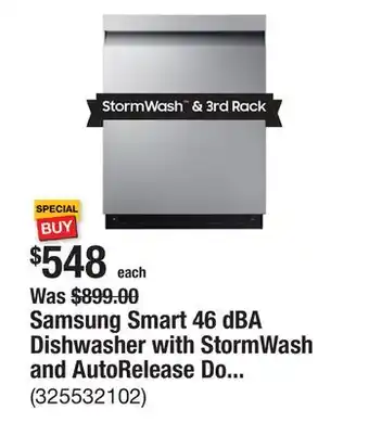 The Home Depot Samsung Smart 46 dBA Dishwasher with StormWash and AutoRelease Door in Stainless Steel offer