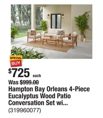 The Home Depot Hampton Bay Orleans 4-Piece Eucalyptus Wood Patio Conversation Set with CushionGuard Almond Cushions offer