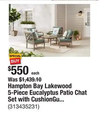 The Home Depot Hampton Bay Lakewood 5-Piece Eucalyptus Patio Chat Set with CushionGuard Spa Cushions offer