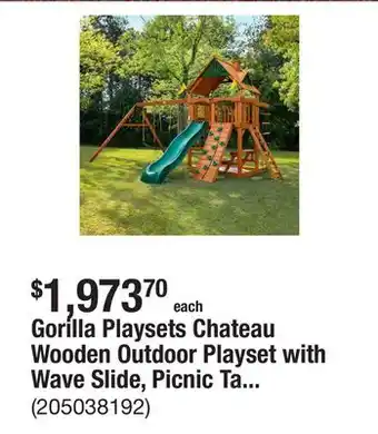 The Home Depot Gorilla Playsets Chateau Wooden Outdoor Playset with Wave Slide, Picnic Table, Rock Wall, Sandbox, and Backyard Swing Set Acc offer