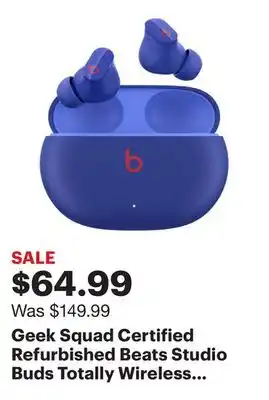 Best Buy Geek Squad Certified Refurbished Beats Studio Buds Totally Wireless Noise Cancelling Earbuds - Ocean Blue offer