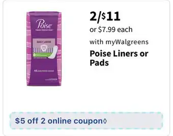 Walgreens Poise Liners or Pads offer