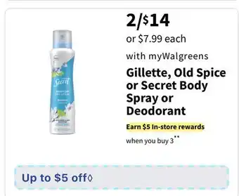 Walgreens Gillette, Old Spice or Secret Body Spray or Deodorant offer