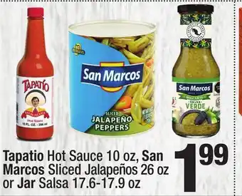 Super King Markets Tapatio Hot Sauce 10 oz, San Marcos Sliced Jalapeños 26 oz or Jar Salsa 17.6-17.9 oz offer