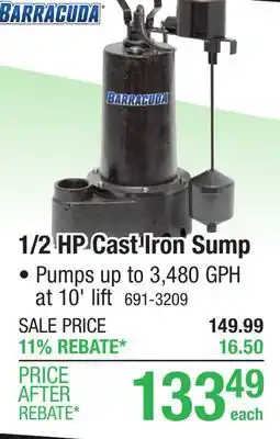 Menards Barracuda 1/2 HP Cast Iron Submersible Sump Pump offer