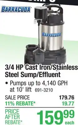 Menards Barracuda 3/4 HP Cast Iron and Stainless Steel Submersible Sump/Effluent Pump offer