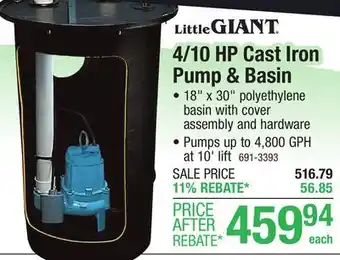 Menards Little Giant 4/10 HP Sewage Pump and Basin offer