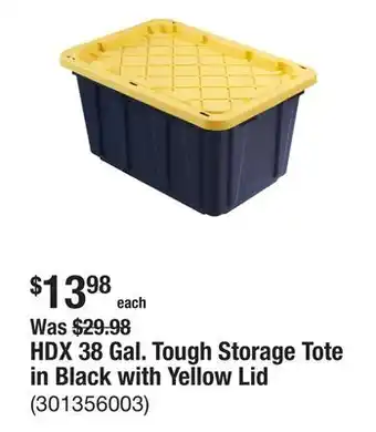 The Home Depot HDX 38 Gal. Tough Storage Tote in Black with Yellow Lid offer