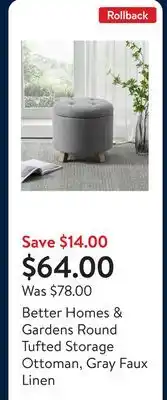 Walmart Better Homes & Gardens Round Tufted Storage Ottoman, Gray Faux Linen offer