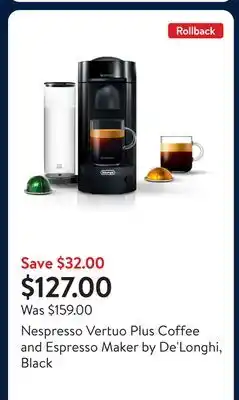Walmart Nespresso Vertuo Plus Coffee and Espresso Maker by De'Longhi, Black offer