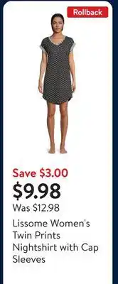 Walmart Lissome Women's Twin Prints Nightshirt with Cap Sleeves offer