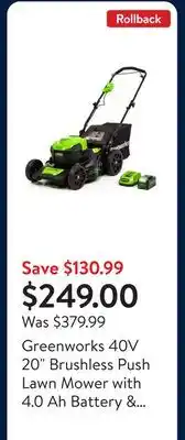 Walmart Greenworks 40V 20 Brushless Push Lawn Mower with 4.0 Ah Battery & Quick Charger 2516302VT offer