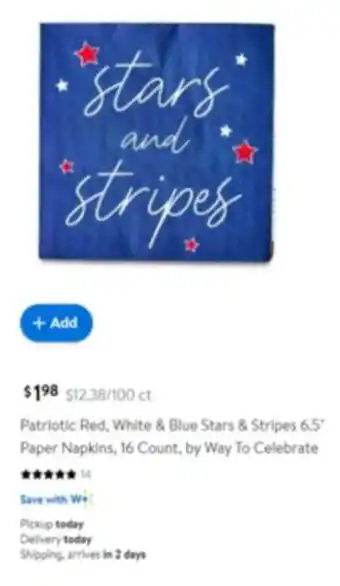 Walmart Patriotic Red, White & Blue Stars & Stripes 6.5" Paper Napkins, 16 Count, by Way To Celebrate offer