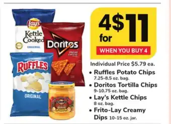 ACME Ruffles Potato Chips 7.25-8.5 oz. bag., Doritos Tortilla Chips 9-10.75 oz. bag., Lay's Kettle Chips 8 oz. bag., Frito-Lay Cre offer