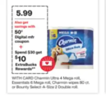 CVS Charmin Ultra 4 Mega roll, Essentials 6 Mega roll, Charmin wipes 80 ct. or Bounty Select-A-Size 2 Double roll offer