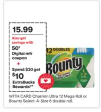 CVS Charmin Ultra 12 Mega Roll or Bounty Select-A-Size 6 double roll offer