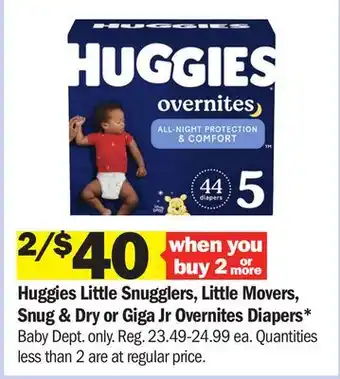 Meijer Huggies Little Snugglers, Little Movers, Snug & Dry or Giga Jr Overnites Diapers offer