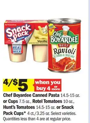 Meijer Chef Boyardee Canned Pasta 14.5-15 oz. or Cups 7.5 oz., Rotel Tomatoes 10 oz., Hunt's Tomatoes 14.5-15 oz. or Snack Pack Cups offer