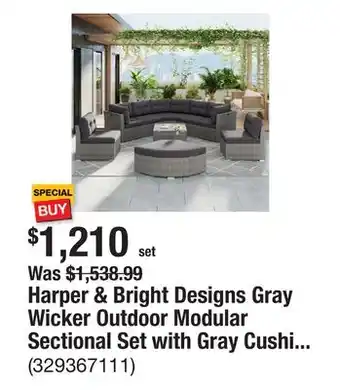 The Home Depot Harper & Bright Designs Gray Wicker Outdoor Modular Sectional Set with Gray Cushions and Storage Center Table offer