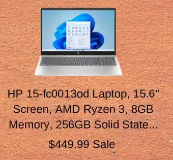 Office Depot HP 15-fc0013od Laptop, 15.6" Screen, AMD Ryzen 3, 8GB Memory, 256GB Solid State offer