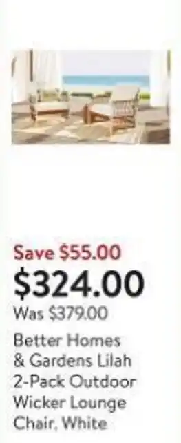 Walmart Better Homes & Gardens Lilah 2-Pack Outdoor Wicker Lounge Chair, White offer