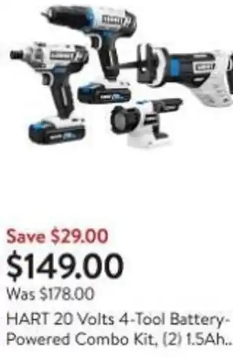 Walmart HART 20 Volts 4-Tool Battery- Powered Combo Kit, (2) 1.5Ah.. offer