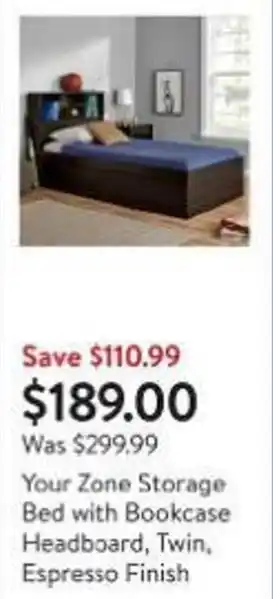 Walmart Your Zone Storage Bed with Bookcase Headboard, Twin, Espresso Finish offer