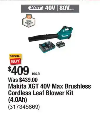 The Home Depot Makita XGT 40V Max Brushless Cordless Leaf Blower Kit (4.0Ah) offer