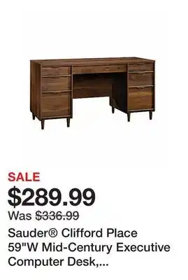 Office Depot Sauder Clifford Place 59W Mid-Century Executive Computer Desk, Grand Walnut offer