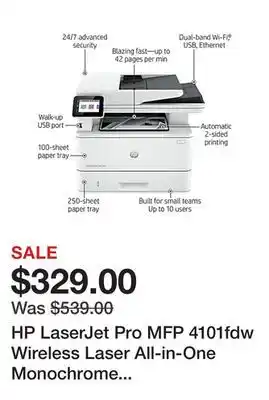 Office Depot HP LaserJet Pro MFP 4101fdw Wireless Laser All-in-One Monochrome Printer offer