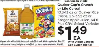 Food 4 Less Quaker Cap'n Crunch or Life Cereal offer