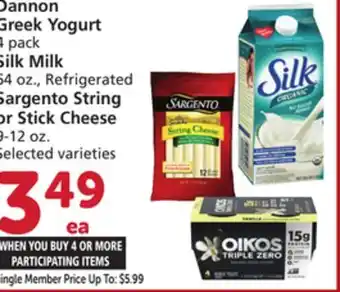 Albertsons Dannon Greek Yogurt 4 pack Silk Milk 64 oz., Refrigerated Sargento String or Stick Cheese 9-12 oz offer