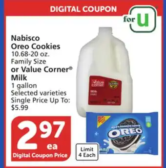 Vons Nabisco Oreo Cookies 10.68-20 oz. Family Size or Value Corner Milk 1 gallon offer