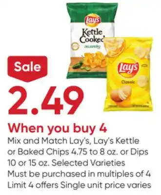Stater Bros Lay's, Lay's Kettle or Baked Chips 4.75 to 8 oz. or Dips 10 or 15 oz offer