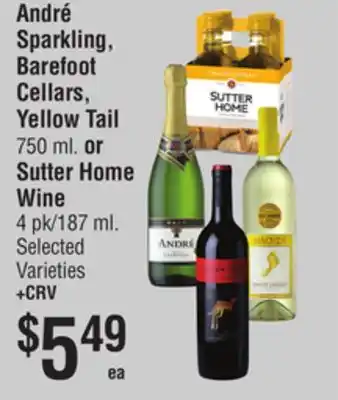 Smart & Final André Sparkling, Barefoot Cellars, Yellow Tail or Sutter Home Wine offer