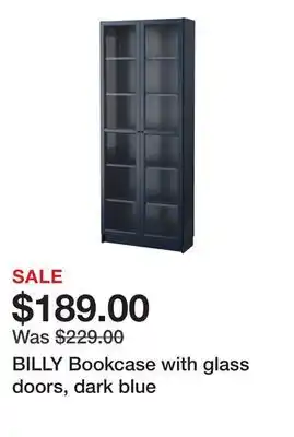Ikea BILLY Bookcase with glass doors, dark blue offer
